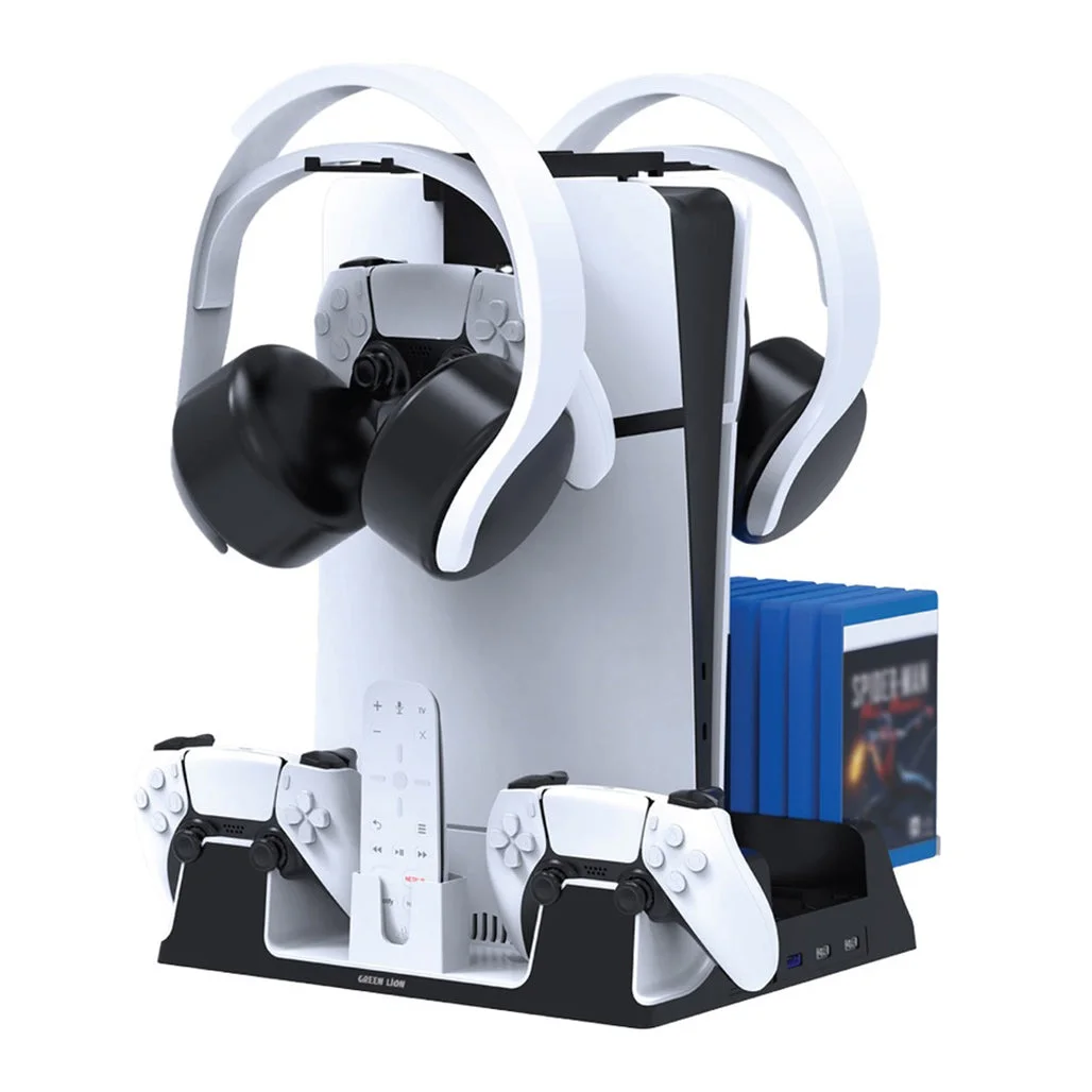 Green Lion PS5 Cooling Stand & Charging Station with Turbo Fan and 14-Disc Storage - White