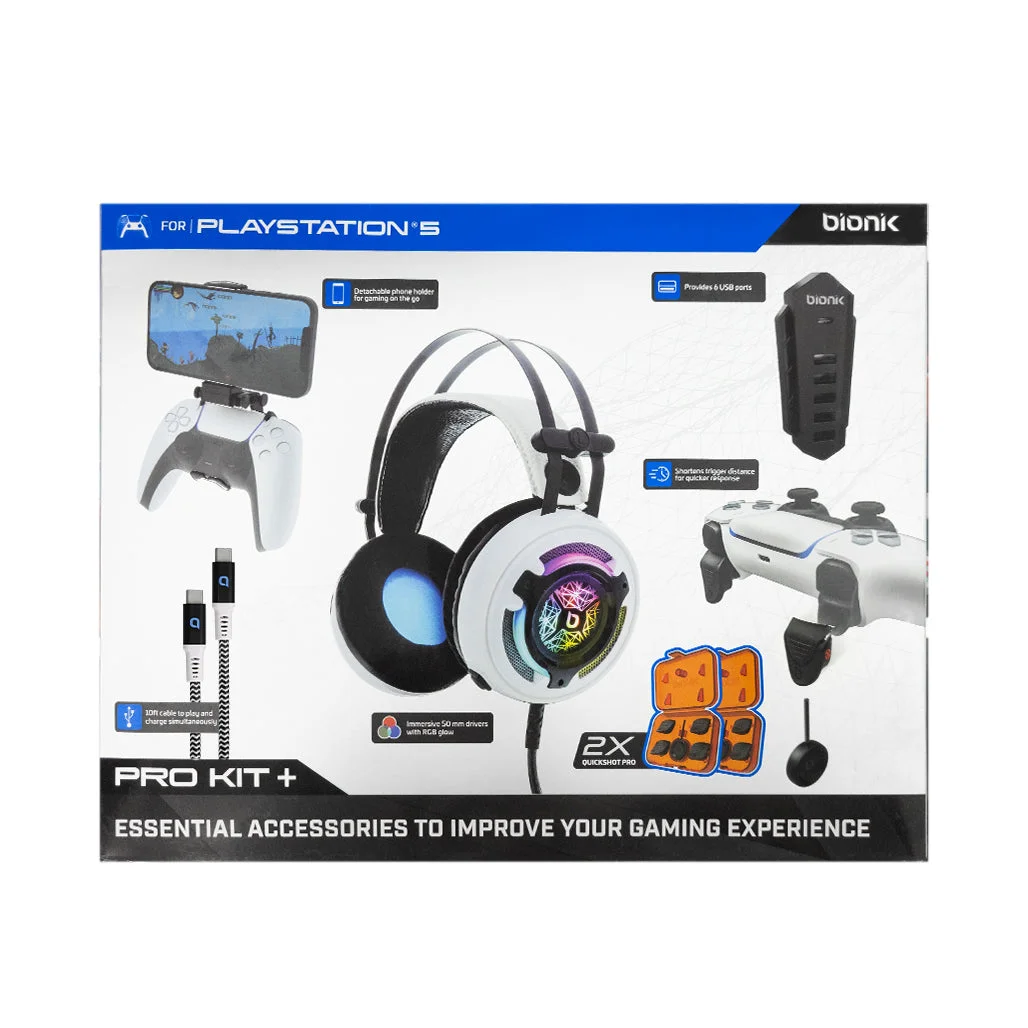 Bionik Pro Kit+ for PlayStation 5 - Gaming Headset, Quickshot Pro Triggers, Phone Holder, USB-C Cable & 6-Port USB Hub