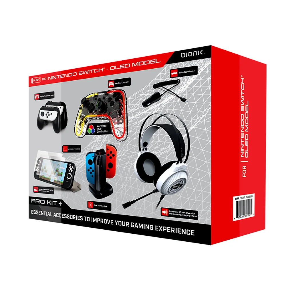 Bionik Pro Kit+ Gaming Accessory Bundle for Nintendo Switch OLED - Headset, NeoGlow Controller, Charger, Grips, Screen Protectors & More