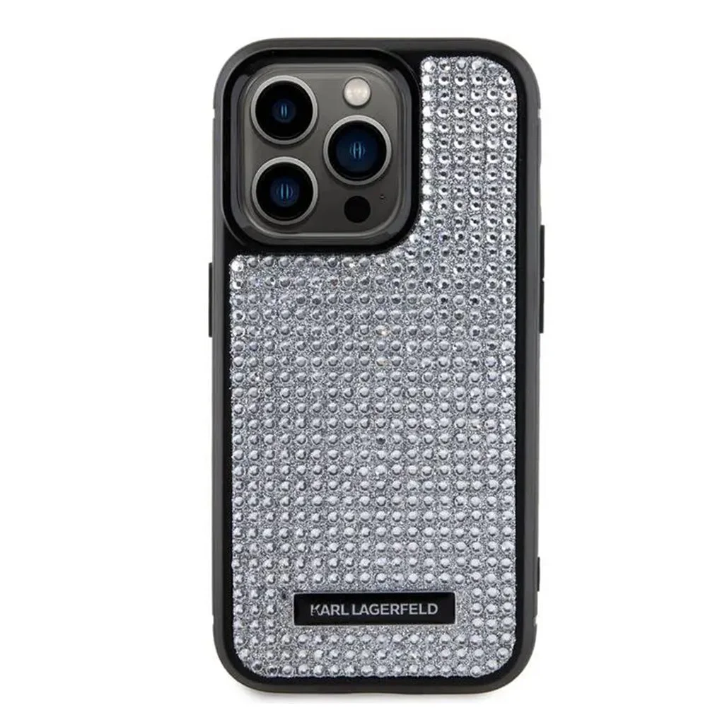 Karl Lagerfeld - Rhinestone with Logo Metal Plate Case for iPh 15 Pro
