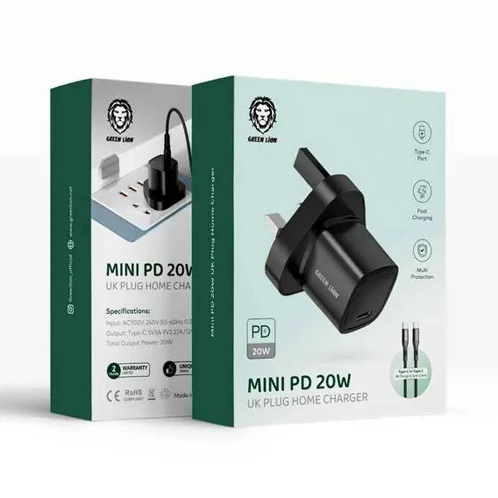 Green Lion Mini PD 20W UK Plug Home Charger - Type-C to Type-C