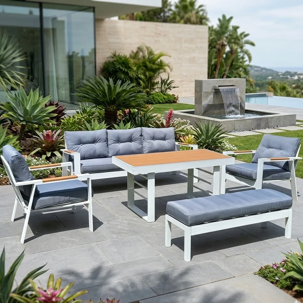 Outd Sofa Set FF 190813-5H-BENCH White+Grey